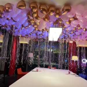 pink and rose gold ceiling balloons